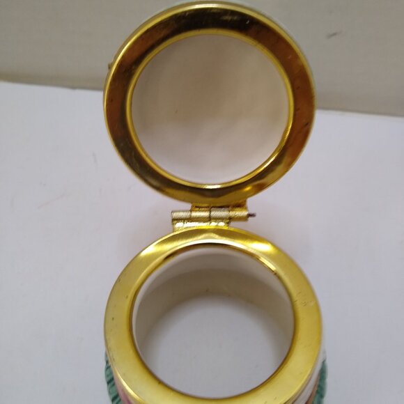 Ceramic Porcelain Trinket Jewelry Box Flower Round Dome Lidded Gold paint around - Picture 4 of 5